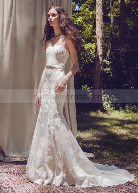 Strapless Ivory Lace Tulle Wedding Dress With Beaded Belt